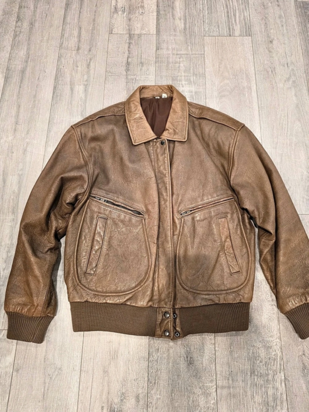 Vintage Genuine Leather Bomber Jacket Brown Made in Korea Utility Aviator